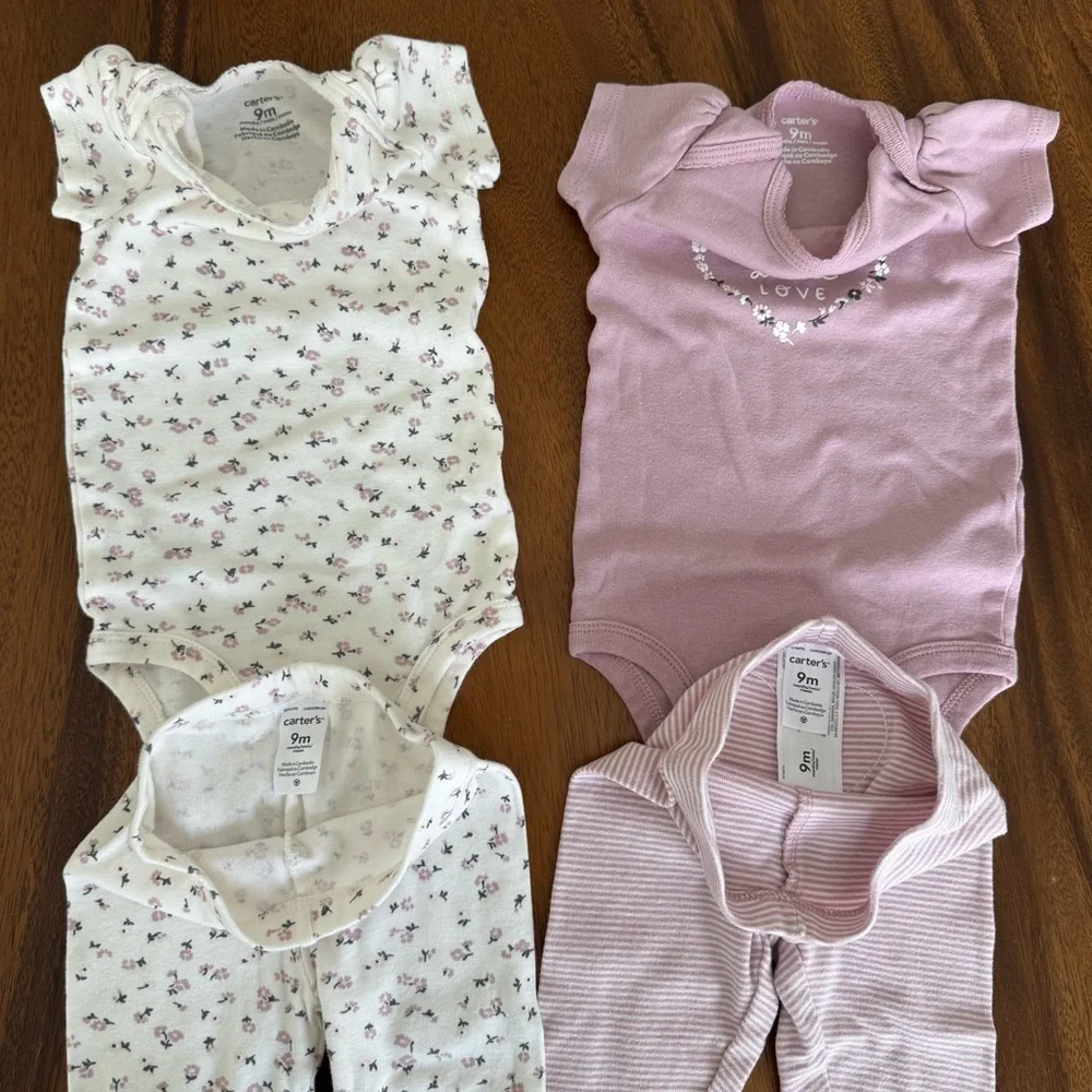 Carter’s Floral and Soft Purple Baby Girl Onesies and Pants Set 9M